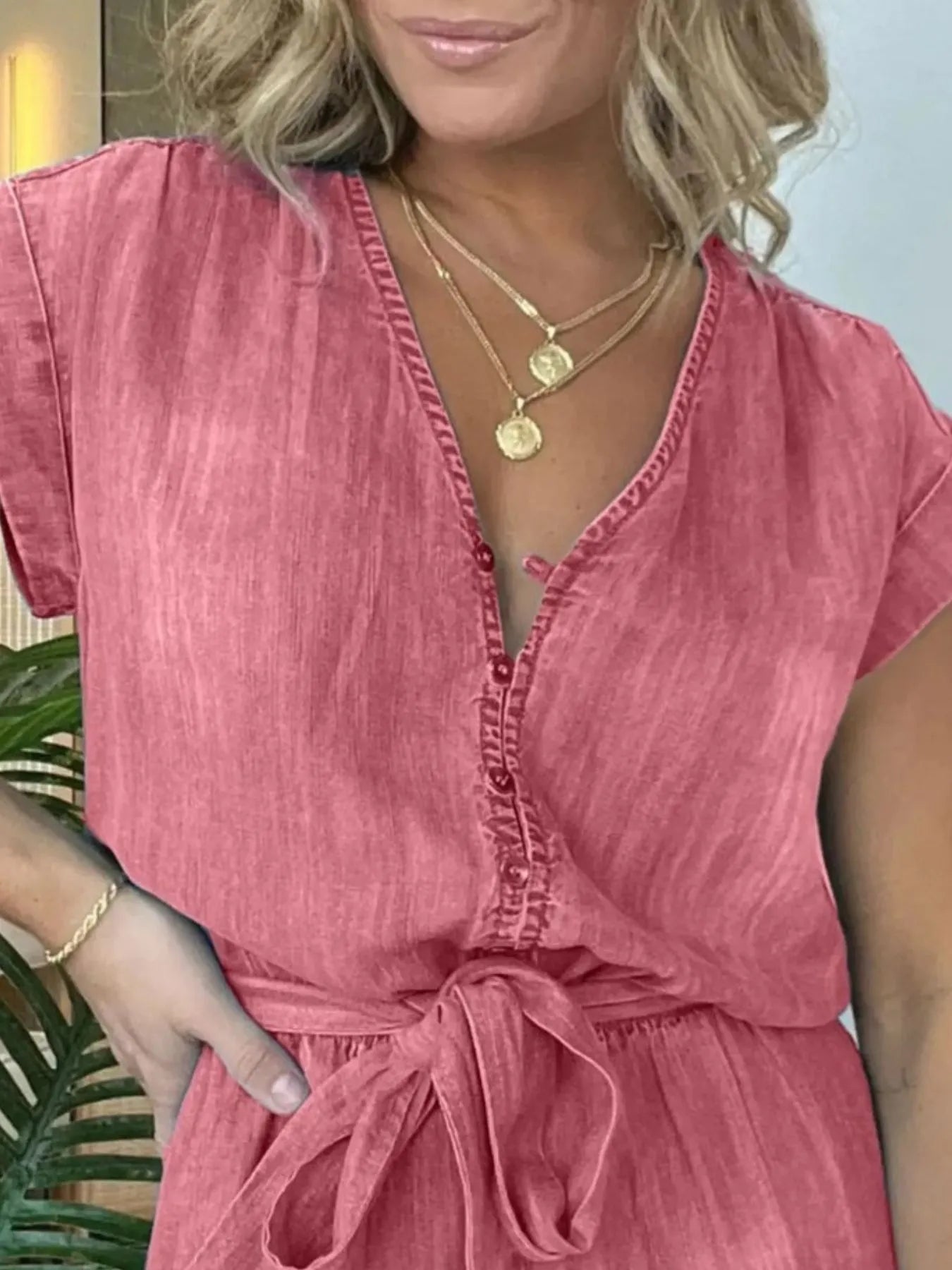 Full Size Tie Waist Cap Sleeve Denim Romper Plus Size.