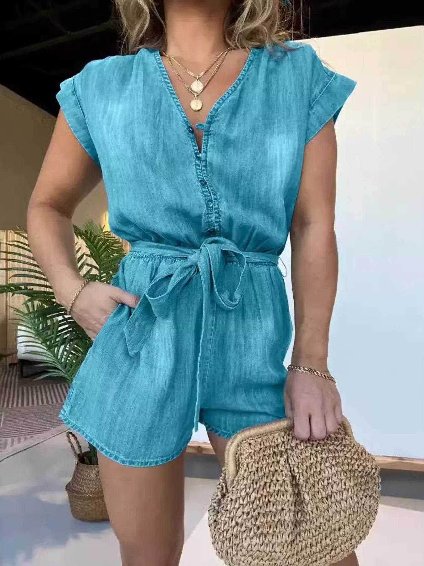 Full Size Tie Waist Cap Sleeve Denim Romper Plus Size.
