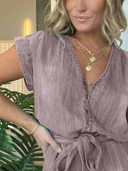 Full Size Tie Waist Cap Sleeve Denim Romper Plus Size.