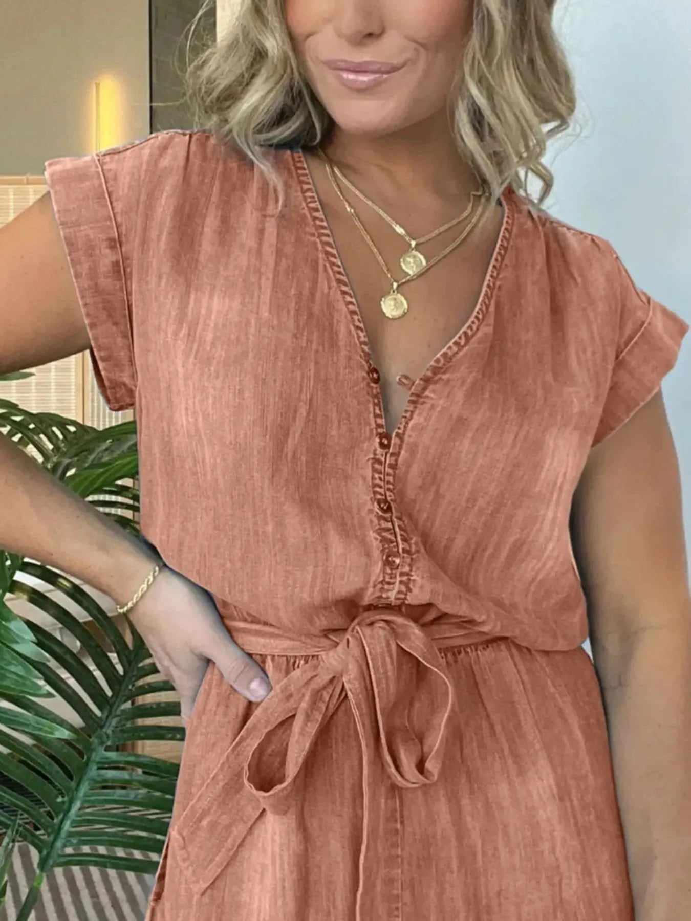 Full Size Tie Waist Cap Sleeve Denim Romper Plus Size.