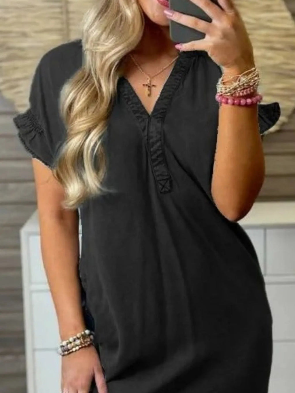 Full Size V-Neck Short Sleeve Denim Dress Plus Size.