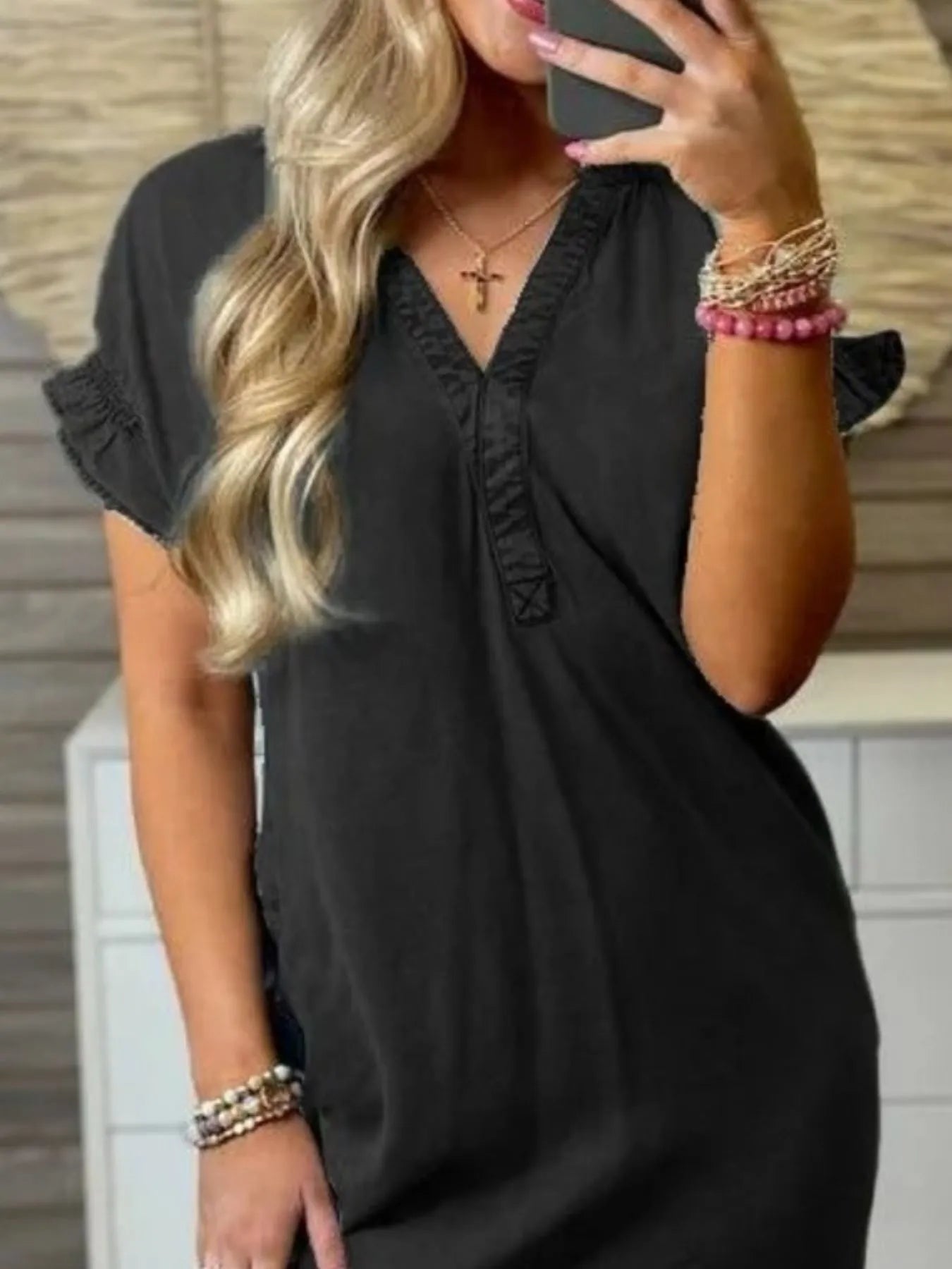 Full Size V-Neck Short Sleeve Denim Dress Plus Size.