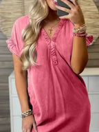 Full Size V-Neck Short Sleeve Denim Dress Plus Size.