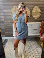 Full Size V-Neck Short Sleeve Denim Dress Plus Size.