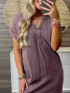 Full Size V-Neck Short Sleeve Denim Dress Plus Size.