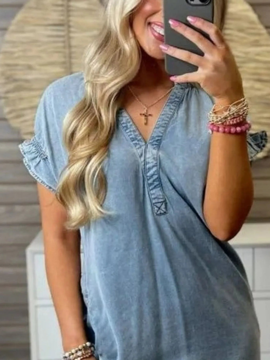 Full Size V-Neck Short Sleeve Denim Dress Plus Size.