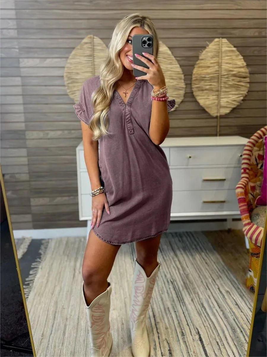 Full Size V-Neck Short Sleeve Denim Dress Plus Size.
