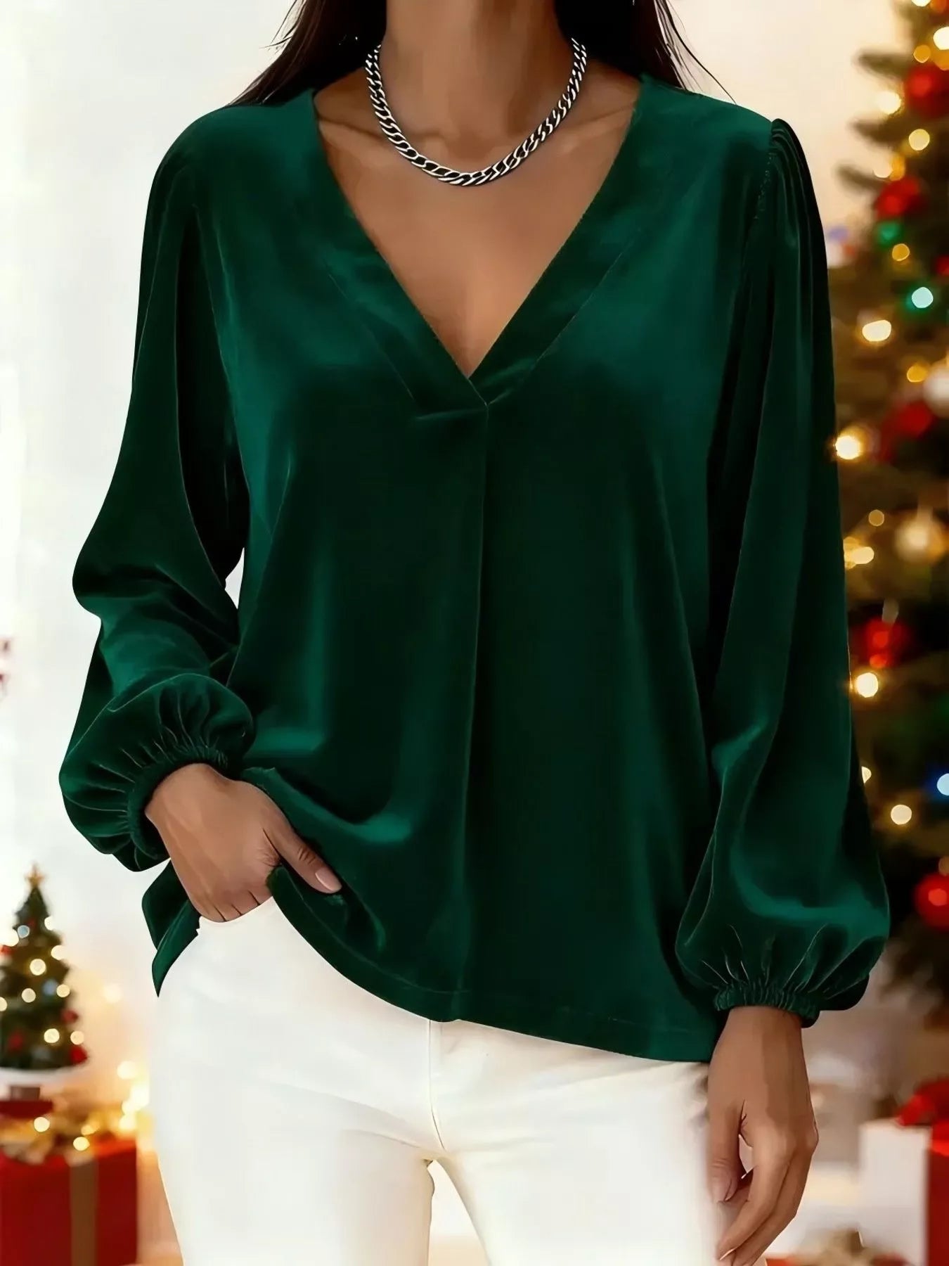 Velvet plus size blouse with elegant V-neck design, perfect for formal and casual occasions