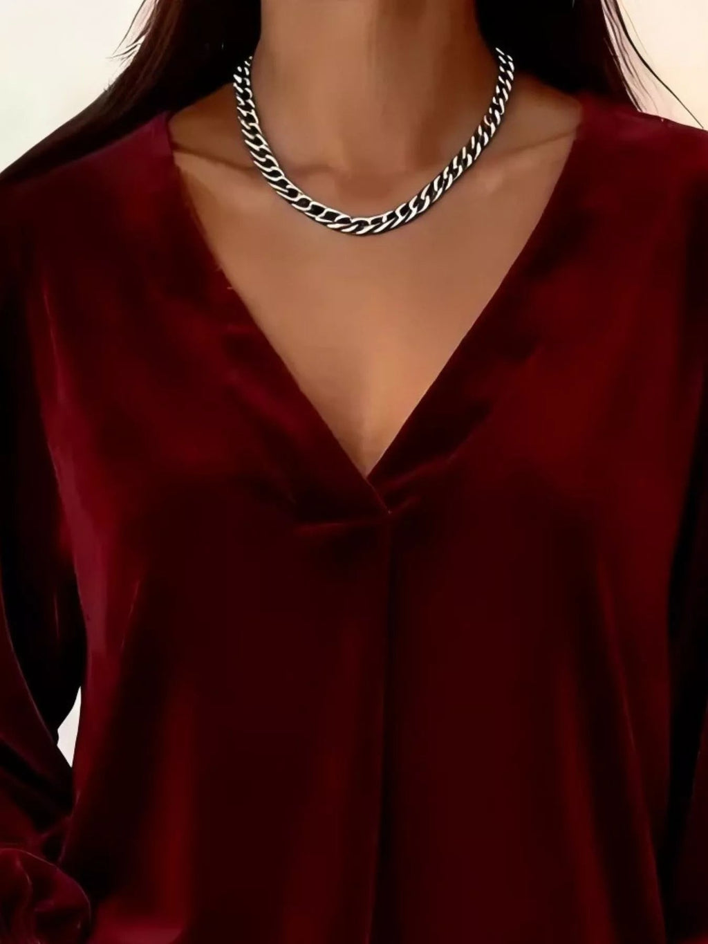 Velvet plus size blouse with elegant V-neck design, perfect for formal and casual occasions