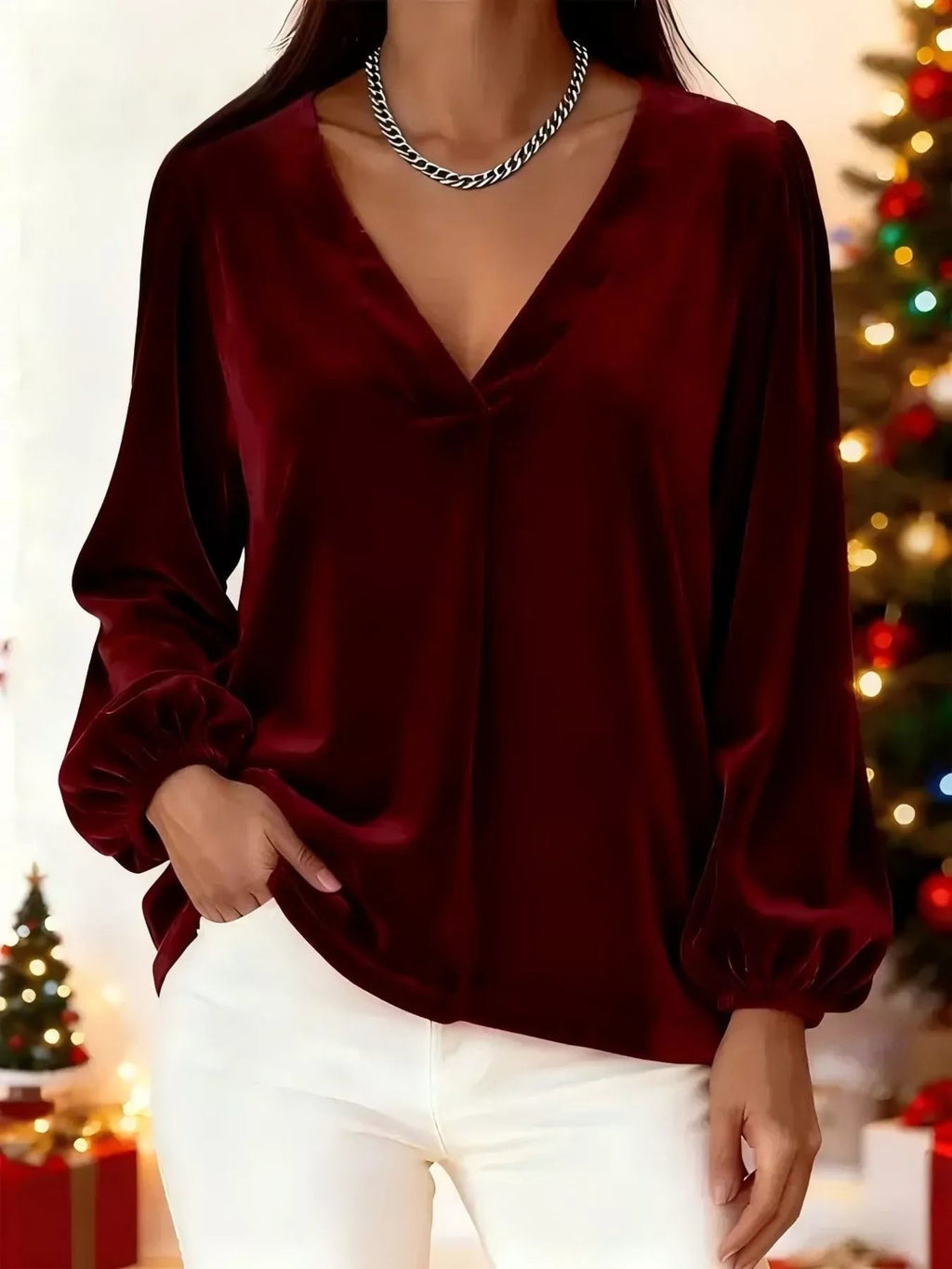 Velvet plus size blouse with elegant V-neck design, perfect for formal and casual occasions