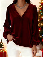 Velvet plus size blouse with elegant V-neck design, perfect for formal and casual occasions