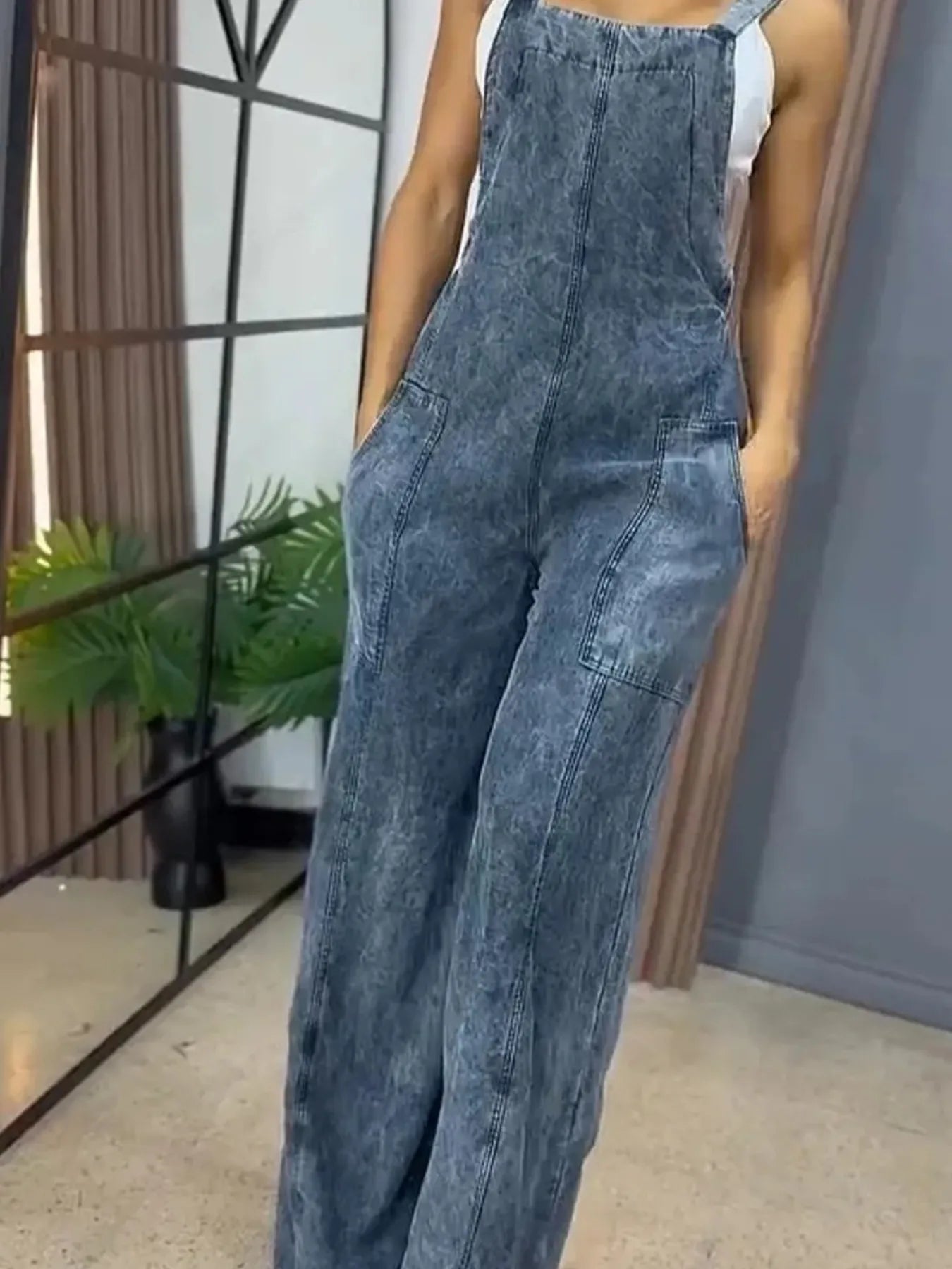 Full Size Wide Leg Washed Denim Overalls Plus Size.