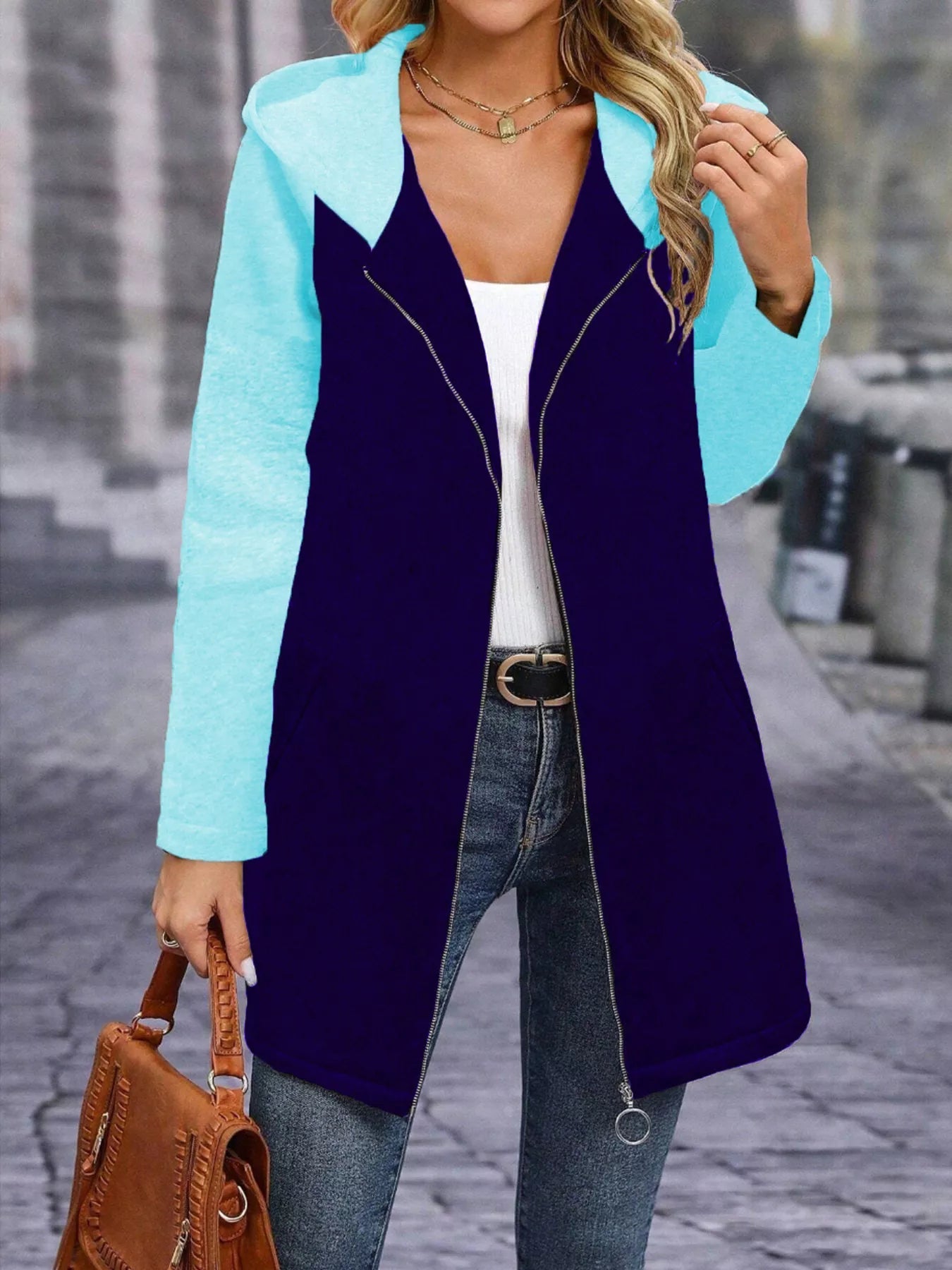 Full Size Zip Up Hooded Longline Outerwear Plus Size.