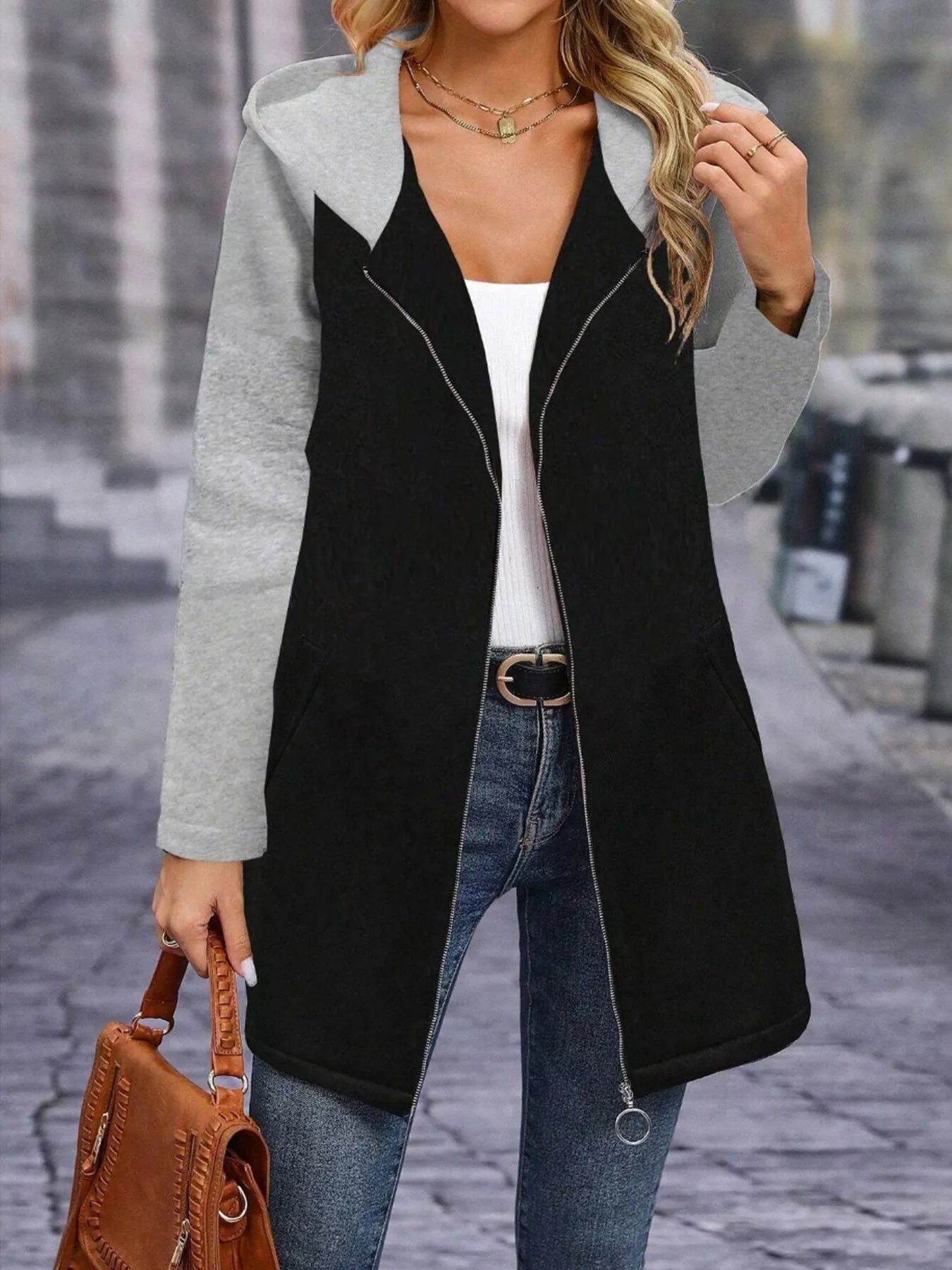 Full Size Zip Up Hooded Longline Outerwear Plus Size.