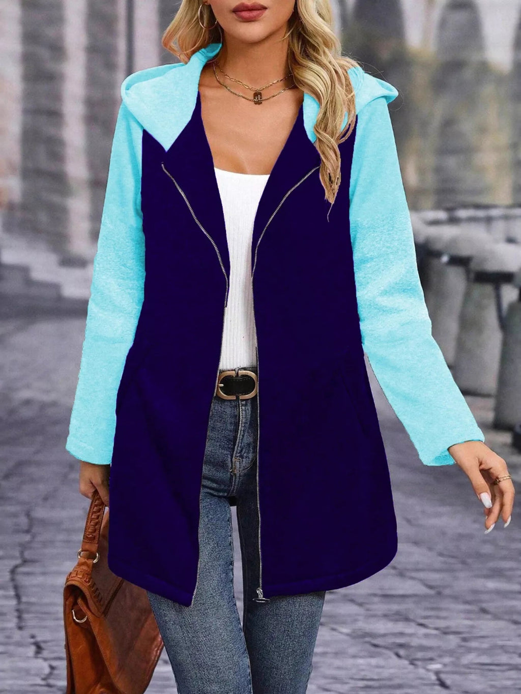 Full Size Zip Up Hooded Longline Outerwear Plus Size.