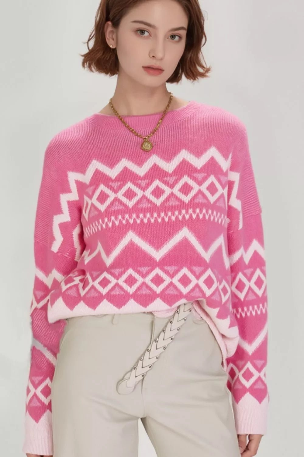Geometric Patterned Long Sleeve Sweater.