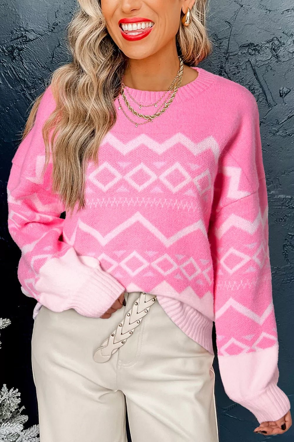 Geometric Patterned Long Sleeve Sweater.