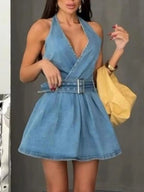 Halter Neck Belted Denim Mini Dress.