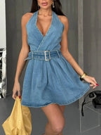 Halter Neck Belted Denim Mini Dress.