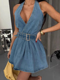 Halter Neck Belted Denim Mini Dress.