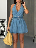 Halter Neck Belted Denim Mini Dress.