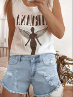 High rise denim shorts offering a stylish and comfortable fit for casual summer wear.