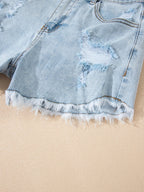 High rise denim shorts offering a stylish and comfortable fit for casual summer wear.