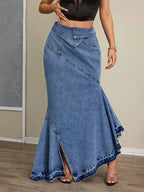High-Waist Asymmetrical Slit Denim Maxi Mermaid Skirt.