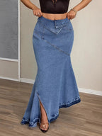 High-Waist Asymmetrical Slit Denim Maxi Mermaid Skirt.