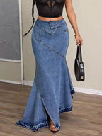 High-Waist Asymmetrical Slit Denim Maxi Mermaid Skirt.