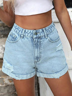 Stylish high-waisted denim shorts perfect for casual summer outfits and enhancing your wardrobe with classic comfort.