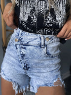 High waisted denim shorts providing a stylish and comfortable summer outfit option for casual wear