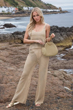 Hollow Out Round Neck Top and Pants Sweater Cover Up Set.