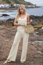 Hollow Out Round Neck Top and Pants Sweater Cover Up Set.