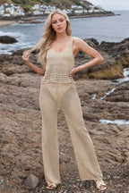 Hollow Out Round Neck Top and Pants Sweater Cover Up Set.