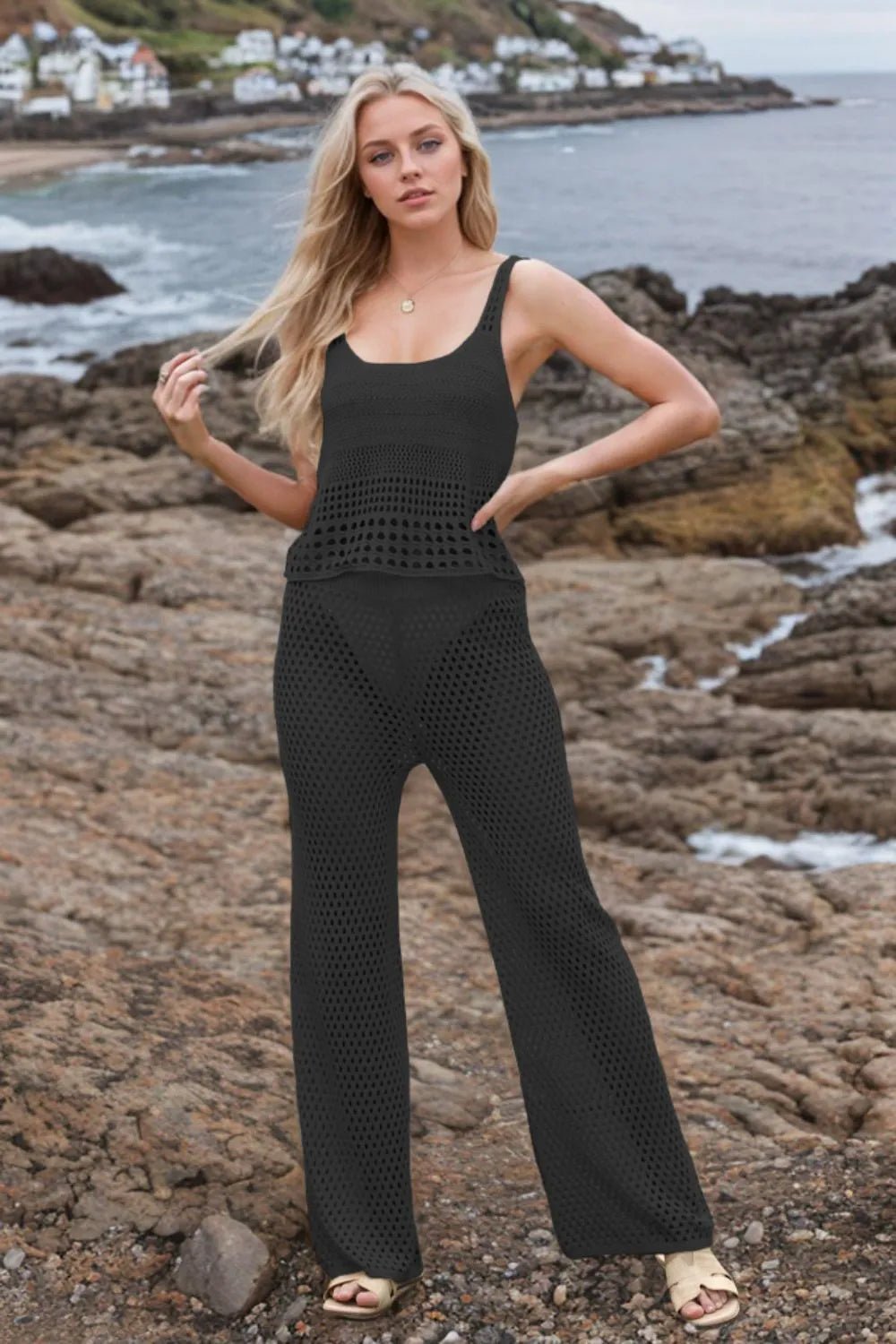 Hollow Out Round Neck Top and Pants Sweater Cover Up Set.