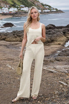 Hollow Out Round Neck Top and Pants Sweater Cover Up Set.