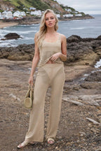 Hollow Out Round Neck Top and Pants Sweater Cover Up Set.