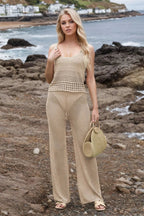 Hollow Out Round Neck Top and Pants Sweater Cover Up Set.