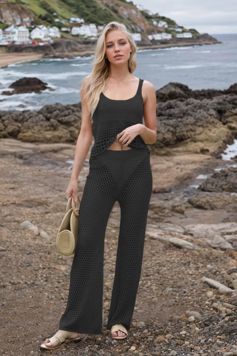 Hollow Out Round Neck Top and Pants Sweater Cover Up Set.