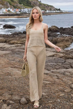 Hollow Out Round Neck Top and Pants Sweater Cover Up Set.