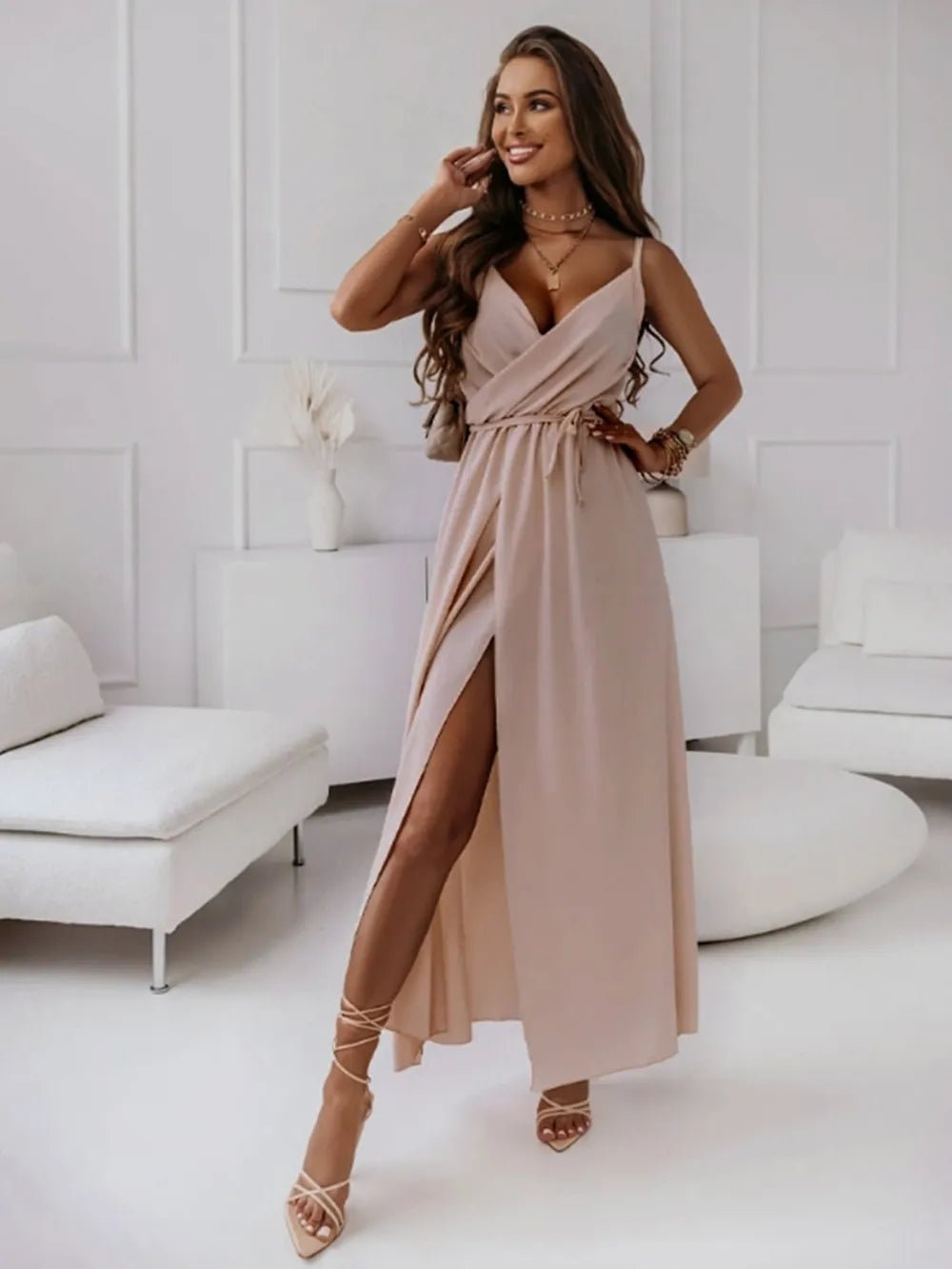 Honey Tied Surplice Sleeveless Midi Cami Dress.