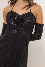 HYFVE Sequin Rosette Halter Mini Dress.