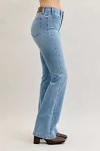 Stylish plus size bootcut jeans offering a comfortable and flattering fit for all-day wear.