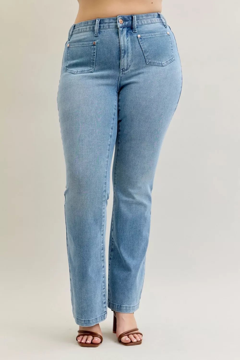 Stylish plus size bootcut jeans offering a comfortable and flattering fit for all-day wear.