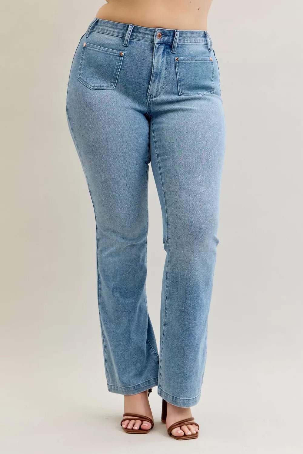 Stylish plus size bootcut jeans offering a comfortable and flattering fit for all-day wear.
