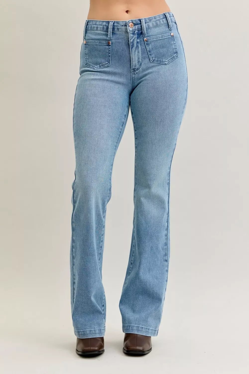 Stylish plus size bootcut jeans offering a comfortable and flattering fit for all-day wear.