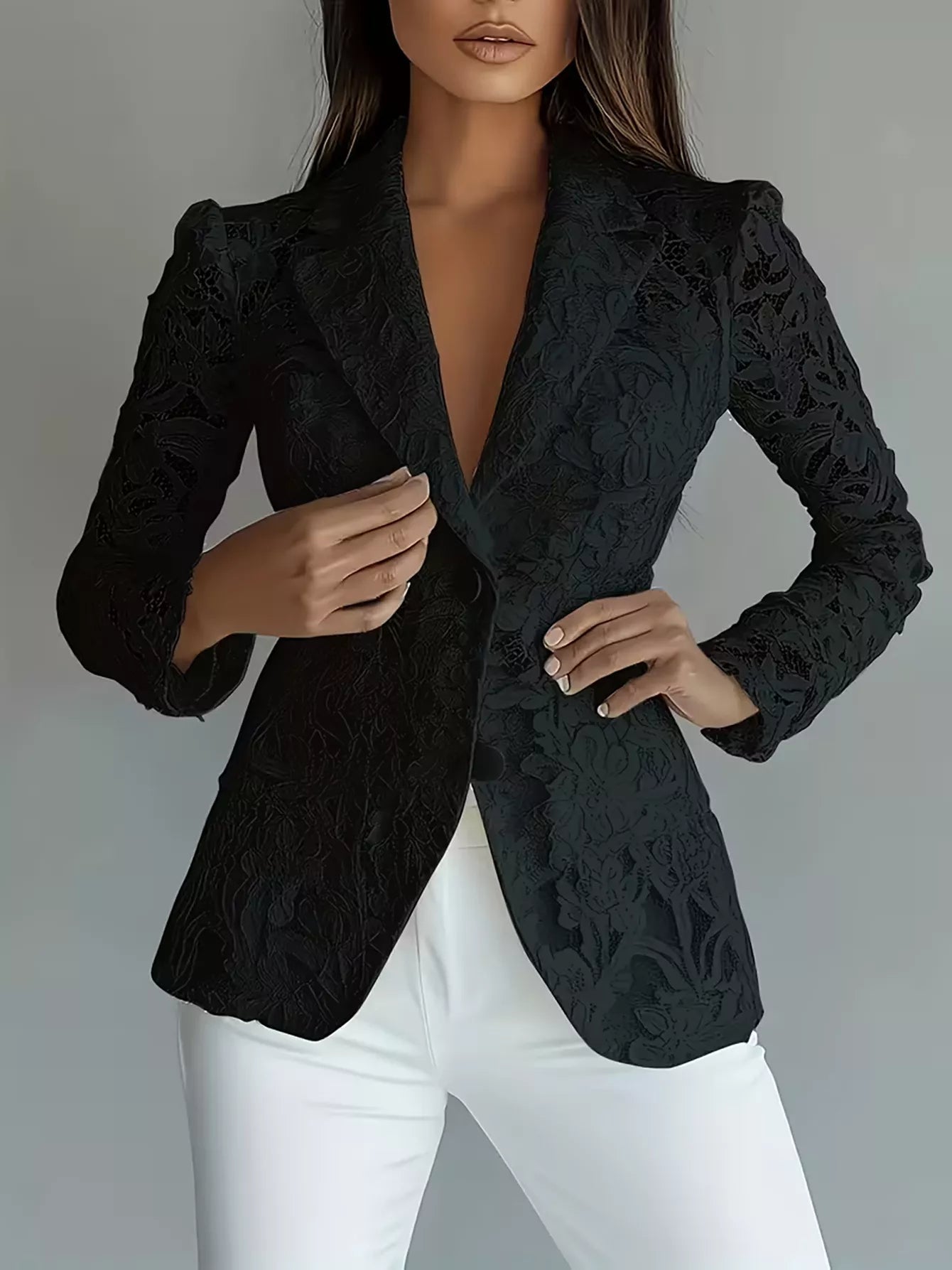 Lace Button Up Fitted Blazer.