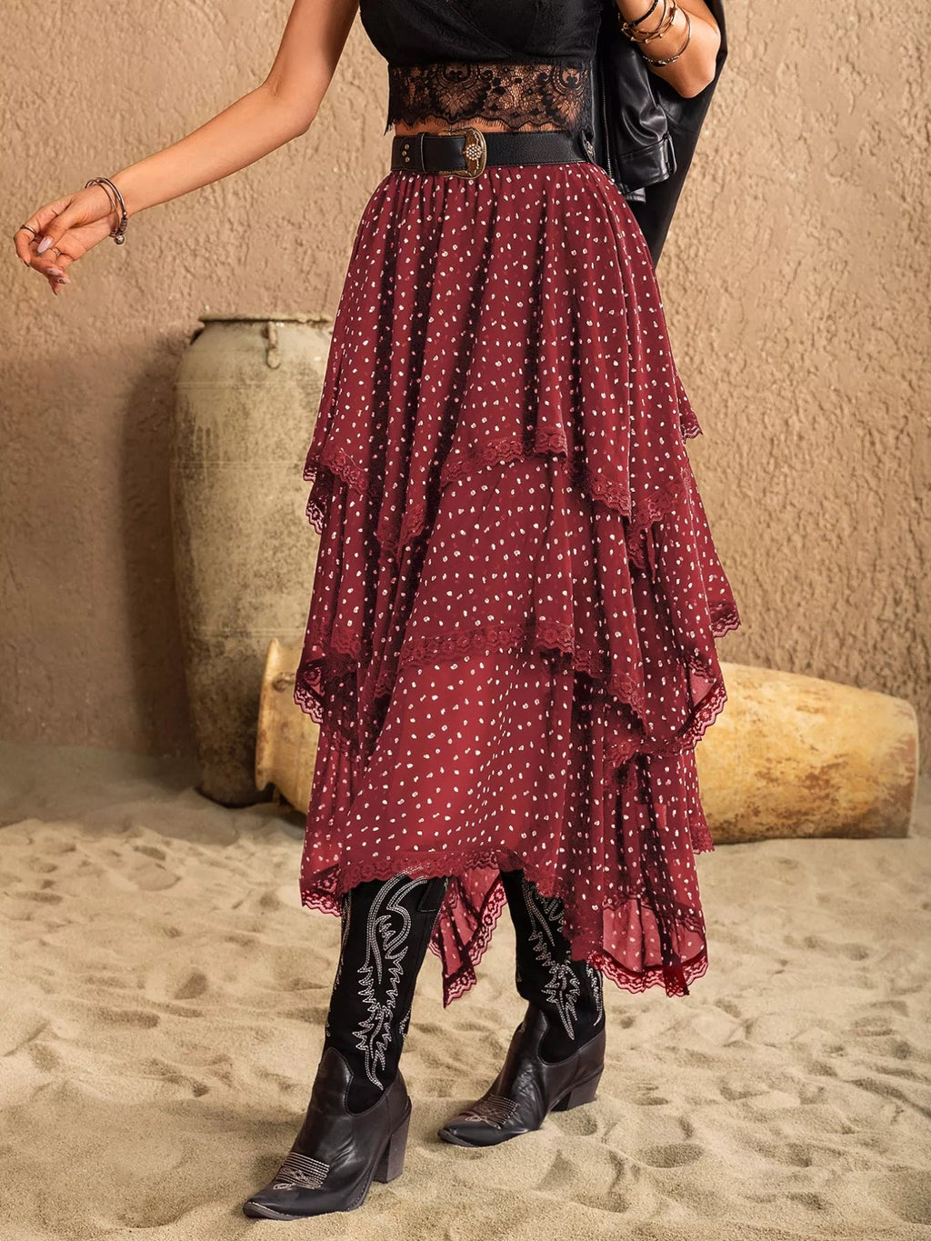 Elegant layered lace skirt showcasing intricate craftsmanship and sophisticated design for formal occasions