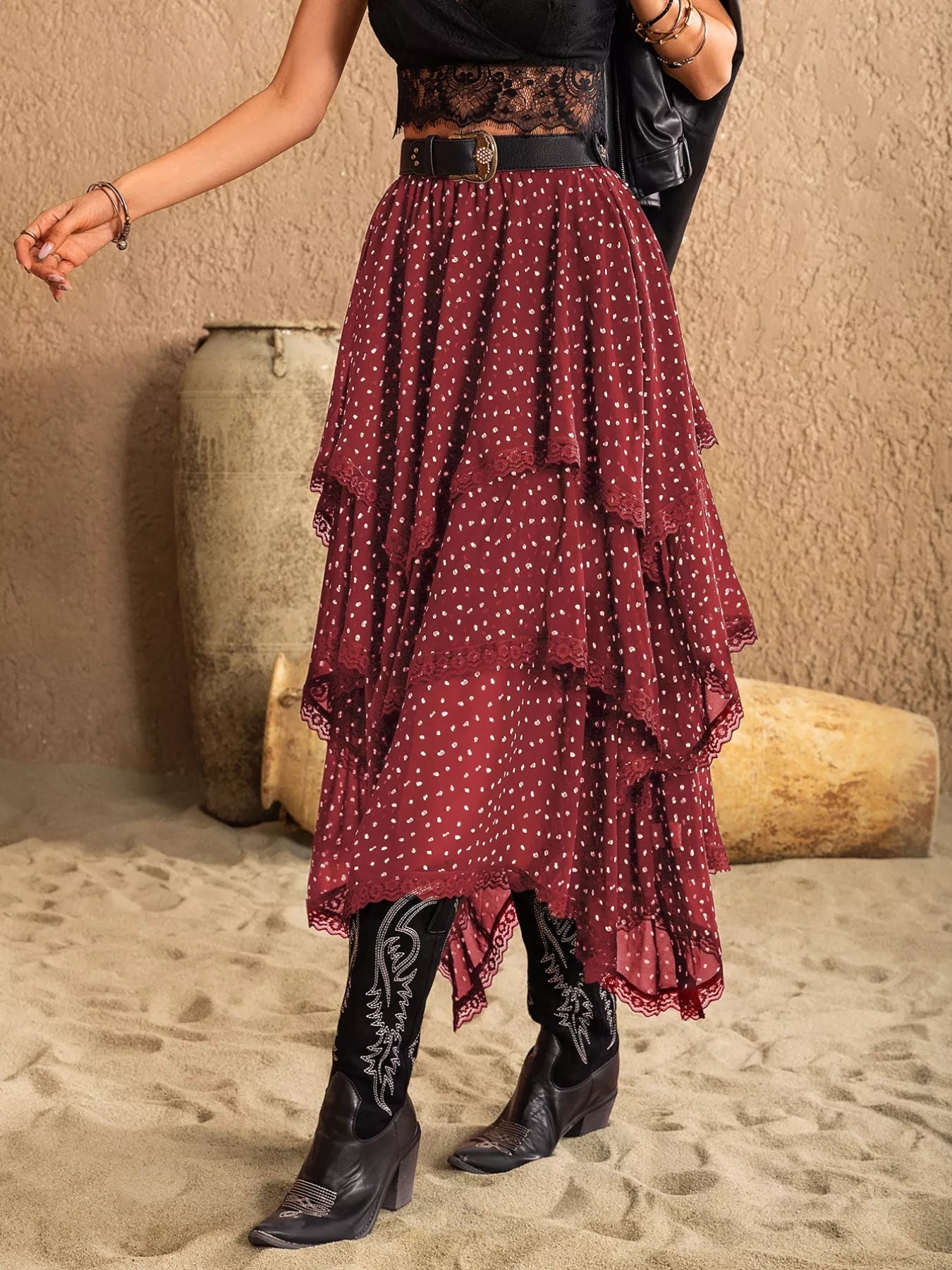 Elegant layered lace skirt showcasing intricate craftsmanship and sophisticated design for formal occasions